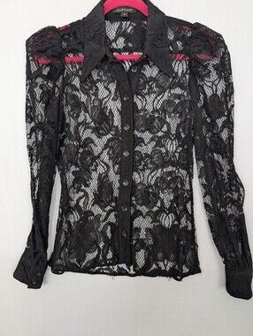 Jill Stuart Black Lace Button-Front Long-Sleeve Top